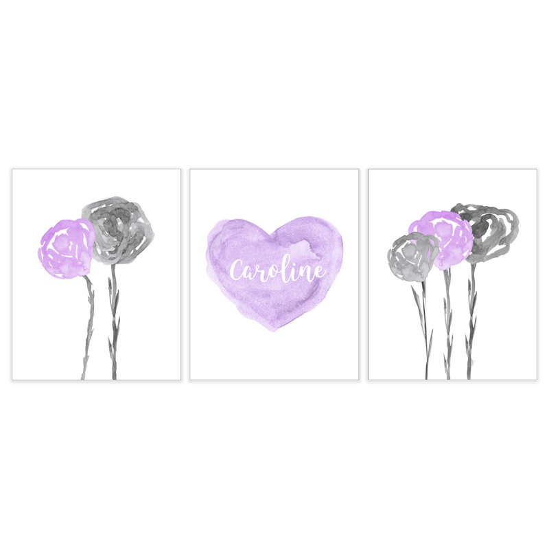 Ensemble de 3 impressions sur papier, bouquet de fleurs et cœur lavande Cambrai, H 10 po x l 8 po x P 0,06 po, Oui