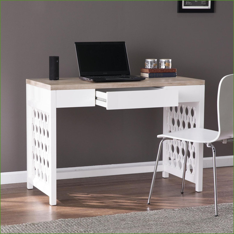 Bureaux pour bureau à domicile, bureau d'écriture Wayliff à deux tons avec tiroir central, finition blanc crème | Cadre en panneau de fibres à densité moyenne | Bureau naturel
