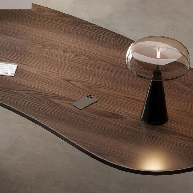 Bureau à 2 tiroirs brun noisette + bois massif courbé noir + acrylique + fer, H 29,53 po x l 62,99 po x P 30,31 po