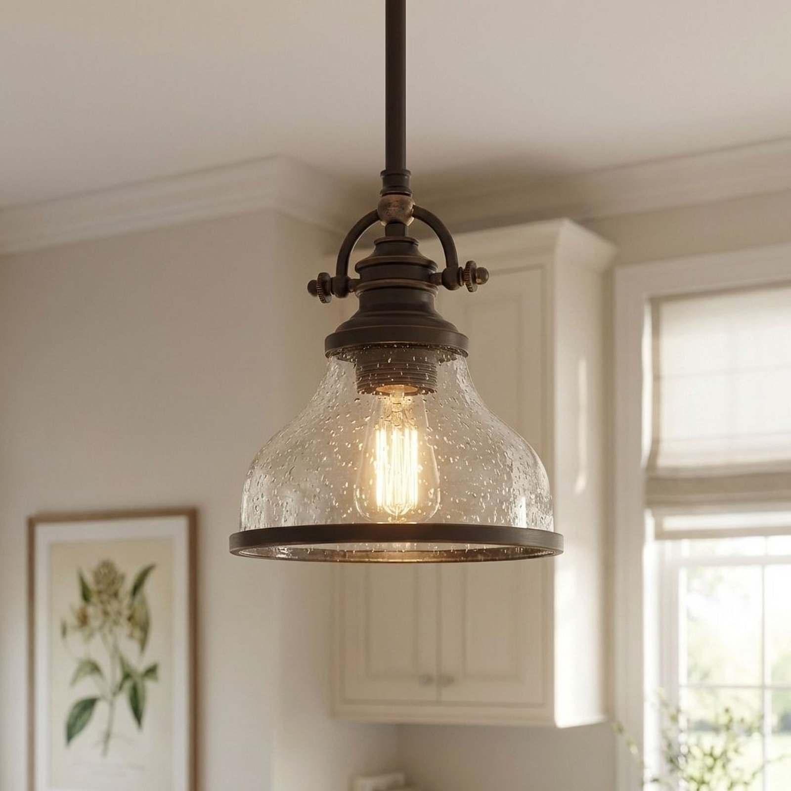 Maybery Dimmable Dome Single Light Pendant, 9.5" H x 8" W x 8" D, Clear Seedy Glass, Palladian Bronze