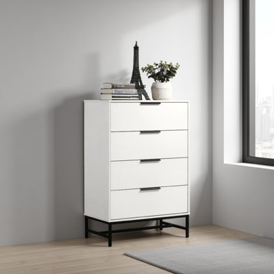 Commode haute Noro, 4 tiroirs de rangement, blanc moderne, métal noir