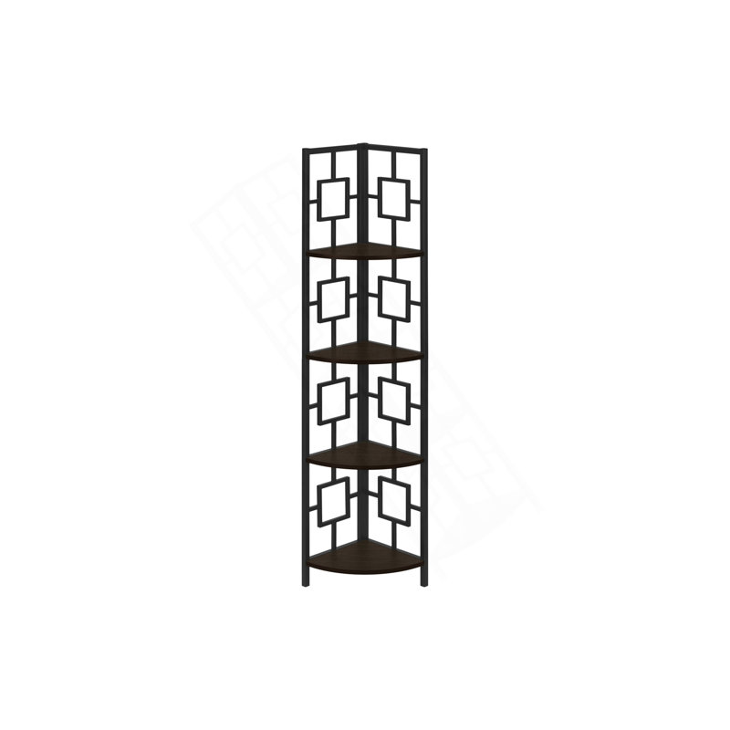 Bibliothèque, bibliothèque, étagère, d'angle, 4 niveaux, H 62 po, bureau, chambre à coucher, stratifié brun, métal noir, contemporain, moderne