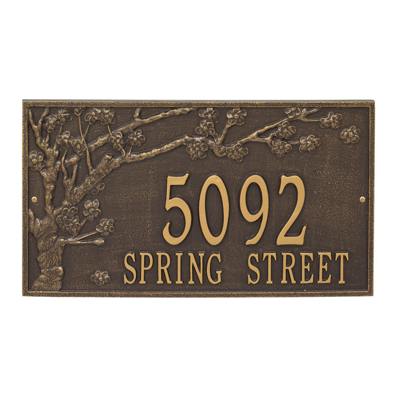 Plaque d'adresse murale personnalisée sur 2 lignes Spring Blossom Estate, Bronze/Doré, Oui