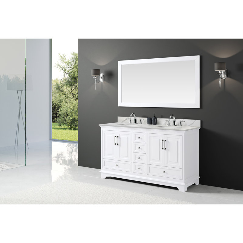 Meuble-lavabo 60 po Cledith avec comptoir en quartz, Blanc, Blanc / veine grise