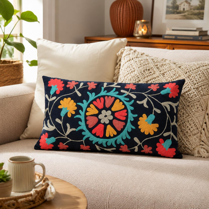 Coussin décoratif avec insert | Coussin brodé à motif floral 24 po x 14 po | Multicolore