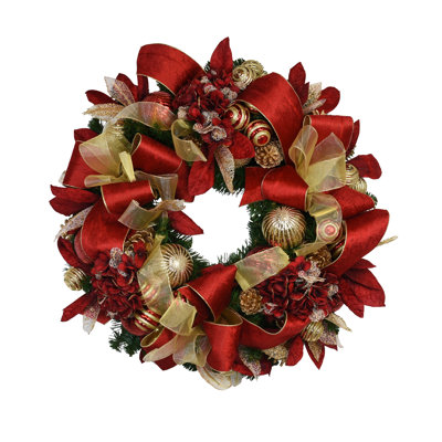 32" Holiday Wreath With Hydrangeas, Pinecones, Ornaments And Bows