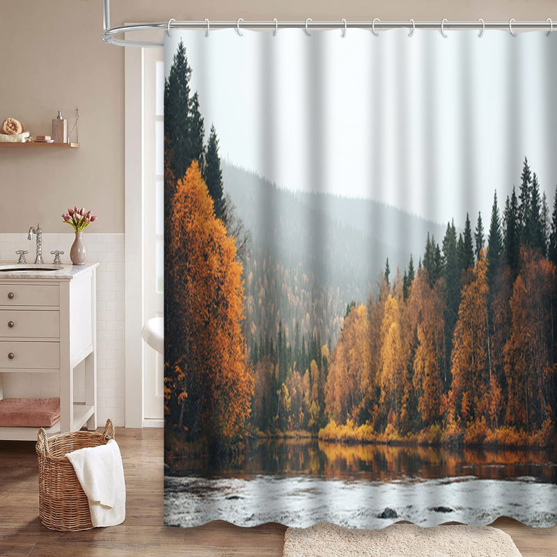 Rideau de douche avec 12 crochets Autumn Nature River Trees, L 72 po x l 72 po