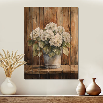 Hydrangeas On The Barn Table I - Hydrangea Wood Wall Decor - On Natural Pine Wood