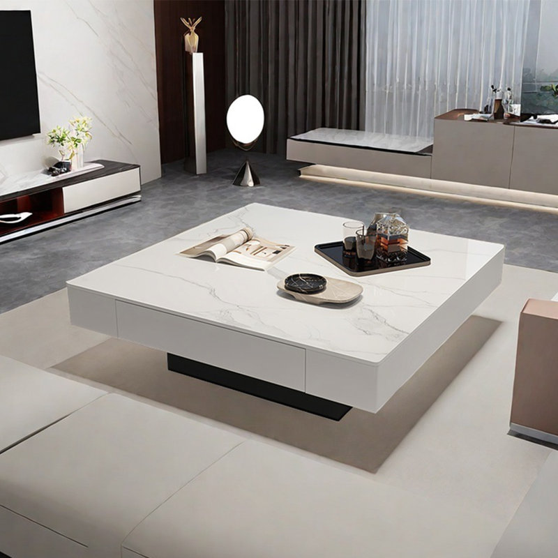 Italian light luxury square stone coffee table, White, 11.8" H x 47.2" L x 47.2" W
