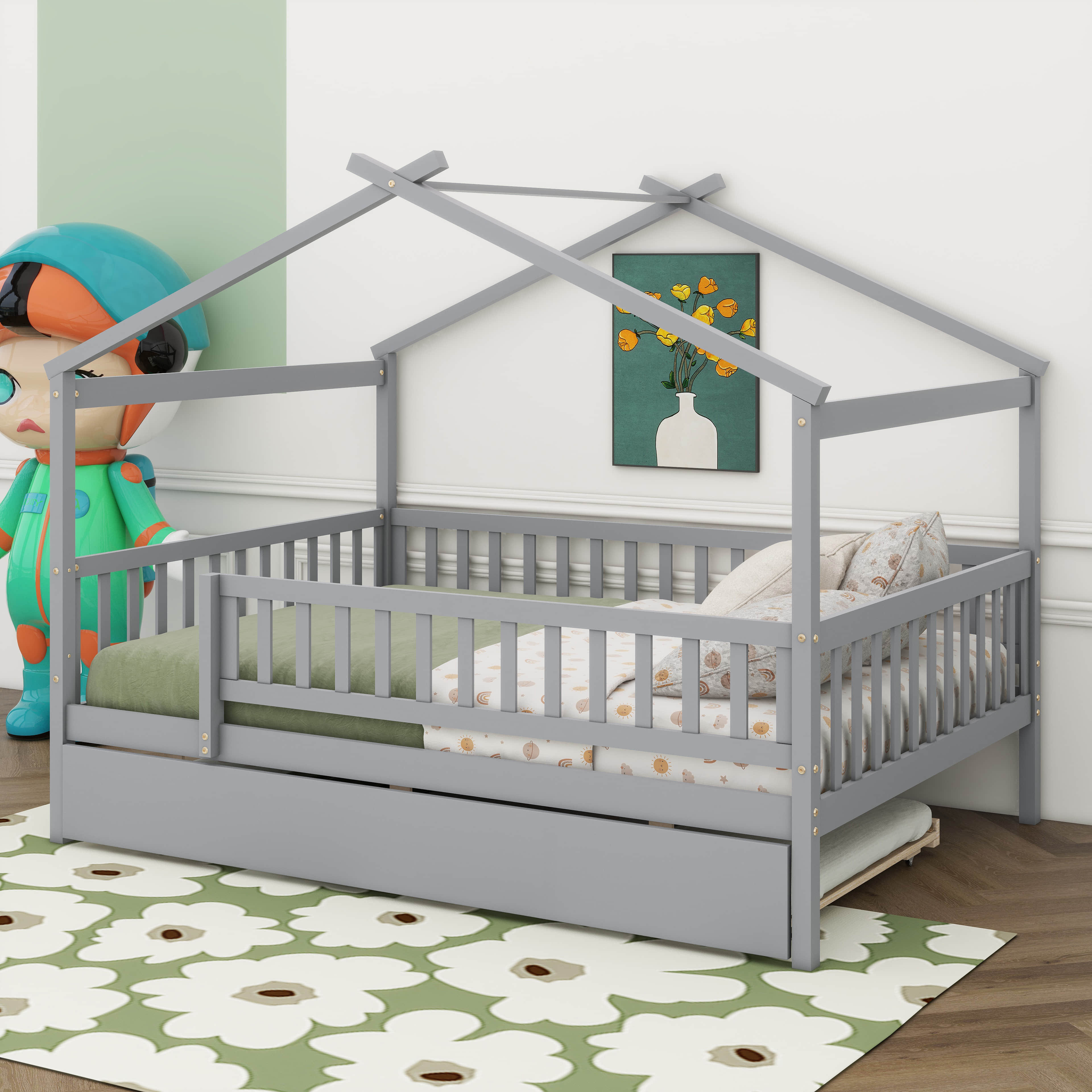 Gracie Oaks Full Size Wooden House Bed With Twin Size Trundle - Wayfair ...