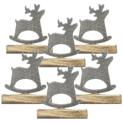 Aluminum Rocking Deer On Mango Wood Base  Set of 6  4" x 2" x 5"H  Black/Brown