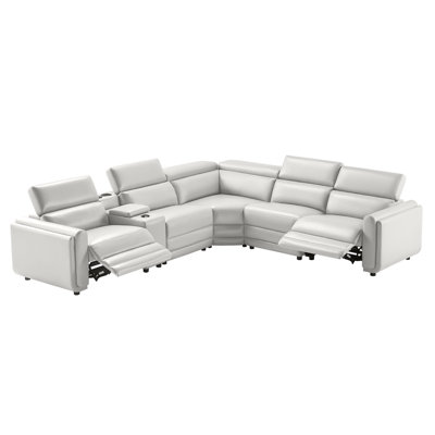 Très grand canapé modulaire inclinable électrique double à 5 places avec console / porte-gobelets et rangement, revêtement Leathaire, gris clair