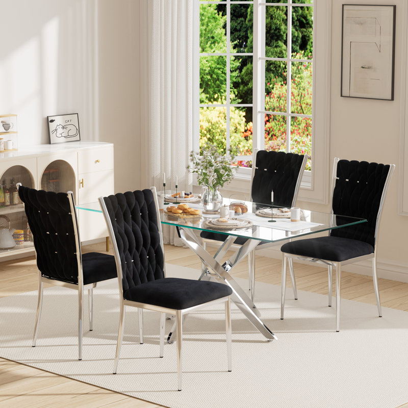 63" Rectangular Tempered Glass Table set, 5, Black/Gold