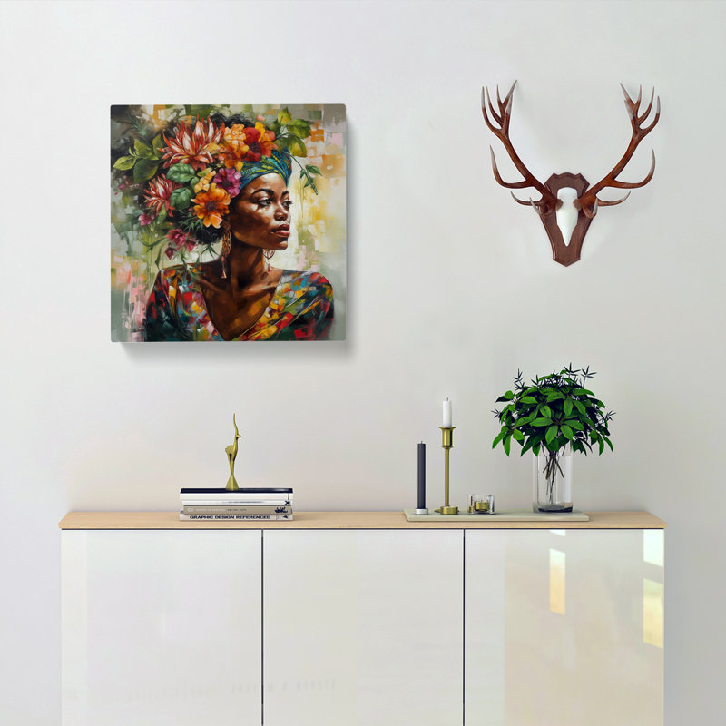 African Woman Floral Art No.2 - Wrapped Canvas - Framed Print, 50cm H x 50cm W x 3cm D