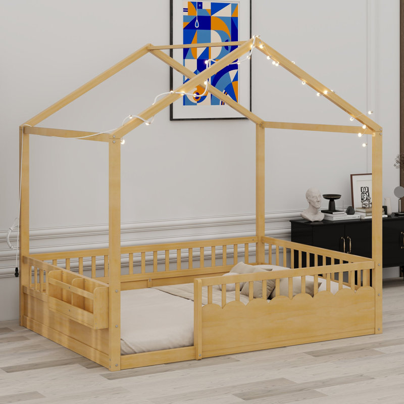 Lit plateforme avec baldaquin, barrières de sécurité et porte d'entrée pour les chambres d'enfants, Lit double, Naturel