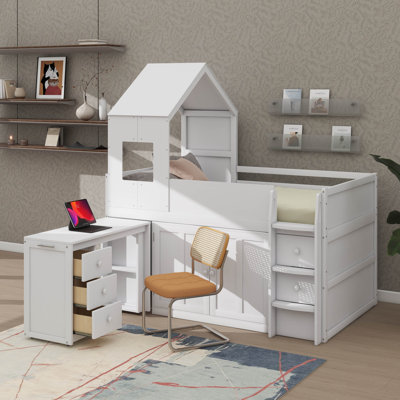 Lit mezzanine simple pour enfants et adolescents, livré avec bureau et armoire, lit mezzanine en bois avec toit sur le thème de la maison, tiroirs et compartiments de rangement
