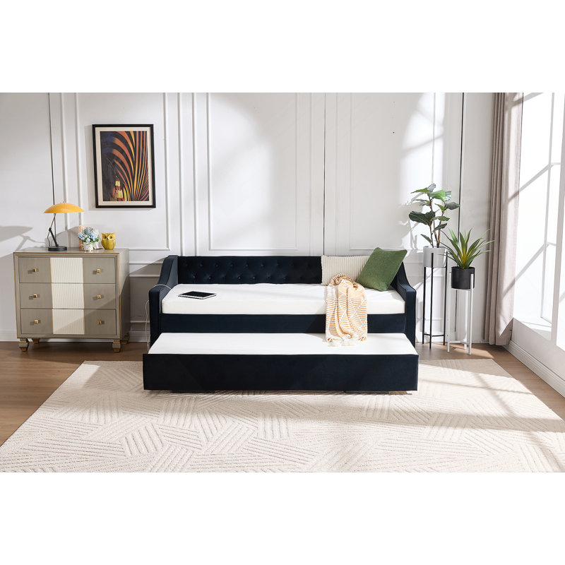 Twin Size Upholstered Daybed With Trundle,USB Port ,Side Pockets,Velvet Daybed With Button On Back And Piping On Waved Shape Arms For Bedroom Guest Room