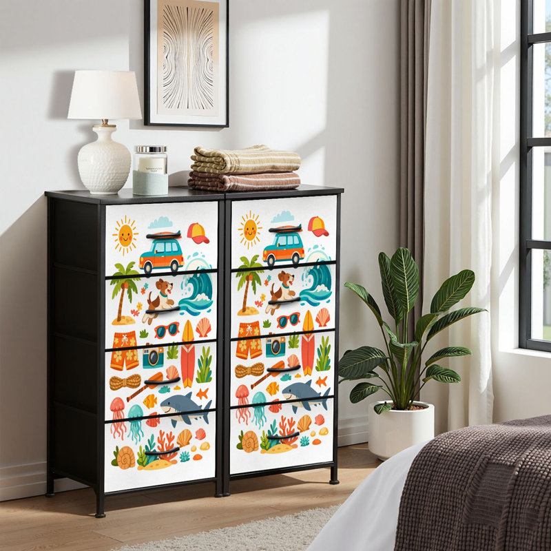 Commode 4 tiroirs pour chambre à coucher, commode étroite, plateau en bois et structure de bureau en fer 18 po x 37,5 po - (l x H) - avec dessin de plage Doodle