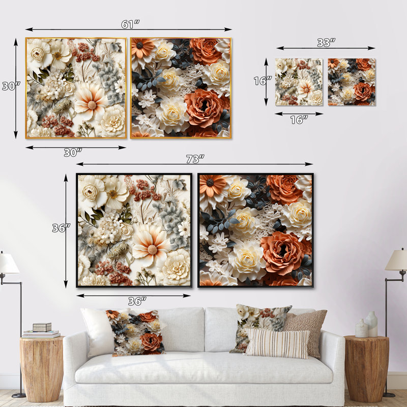 Kittie - Ensemble de 2 collages carrés floraux, Cadre flottant brun, H 30 po x l 61 po