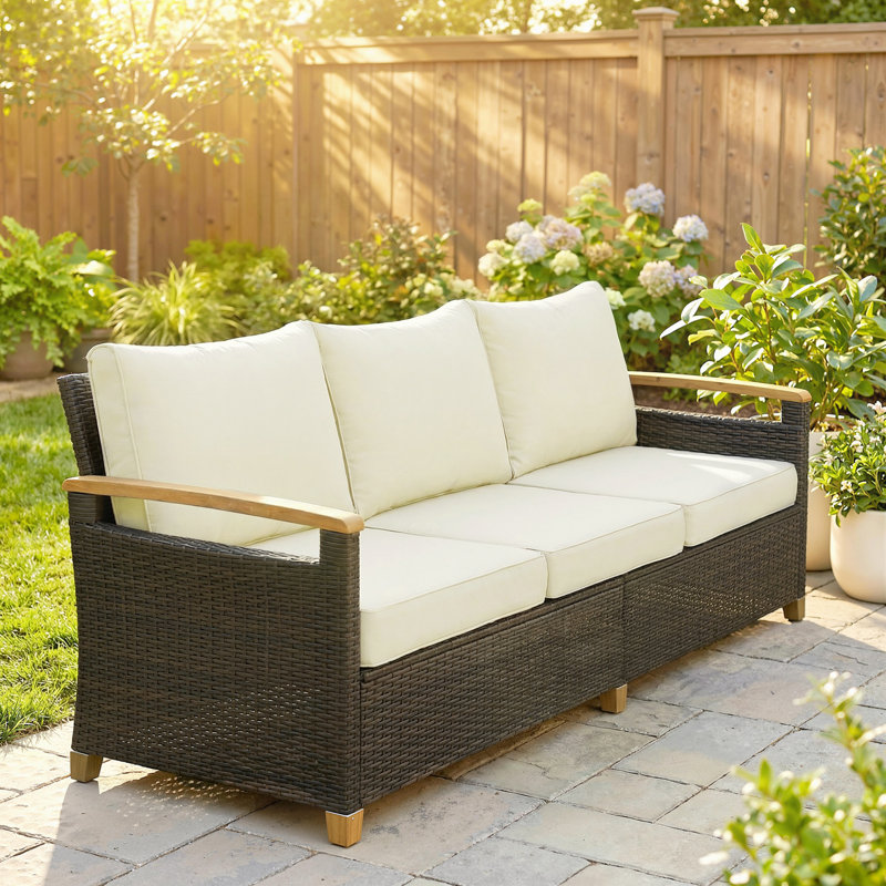 192cm Wide Straight Steel Patio Sofa, Cream Cushion/Brown Frame