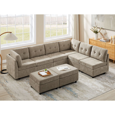 Chenille Upholstered Sectional Sofa Couch With Ottoman