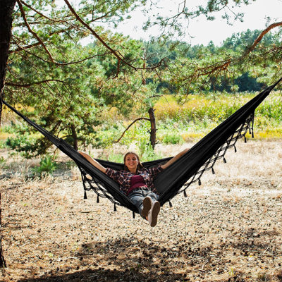 Boho Double Hammock With Tassels And Fishtail Knotted Ropes – 500 Lb Capacity Heavy Duty Macrame Fringe Hammock With Tree Straps For Patio, Balcony, Indoor Outdoor Oasis (Black)