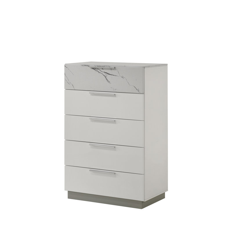 Commode blanche - Finition bicolore très brillante en marbre et laque avec cinq tiroirs à glissement lisse, tiroir supérieur doublé de velours