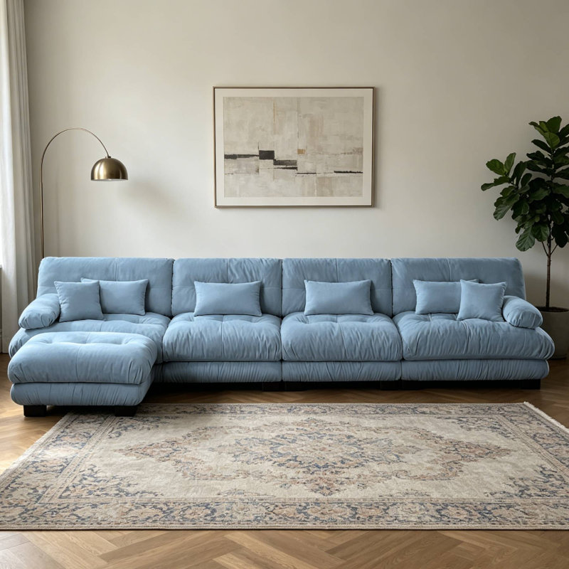 Canapé modulaire convertible en L en chenille avec repose-pieds, Blue, 35.4" H x 173.2" W x 59.6" D