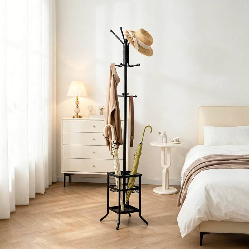 Modern Style Metal Coat Rack With Built-In Umbrella Holder And 12 Hooks; Can Also Store Bags And Hats; Versatile And Practical For Various Occasions.