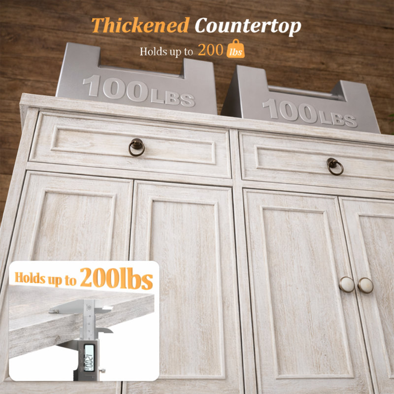 43.3"w Buffet Cabinet With 2 Drawer Wood Sideboard With Adjustable Shelf For Kitchen & Dining Room, Antique White