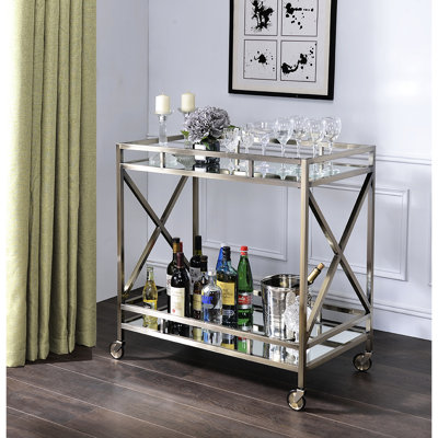 Antique Gold Metal Serving Cart Featuring Mirrored Top And Open Storage Shelf With Surface Gold, Bottom