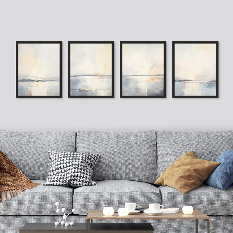 Aquarelle océan paysage marin encadré sur papier, impression de 4 pièces, H 10 po x l 8 po x P 1 po, Blanc