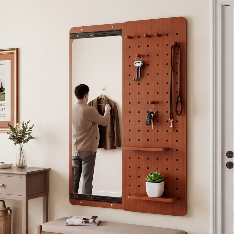 Miroir mural 47,6 "x 15,5" en cerisier pleine longueur avec panneaux coulissants, tablette et crochets