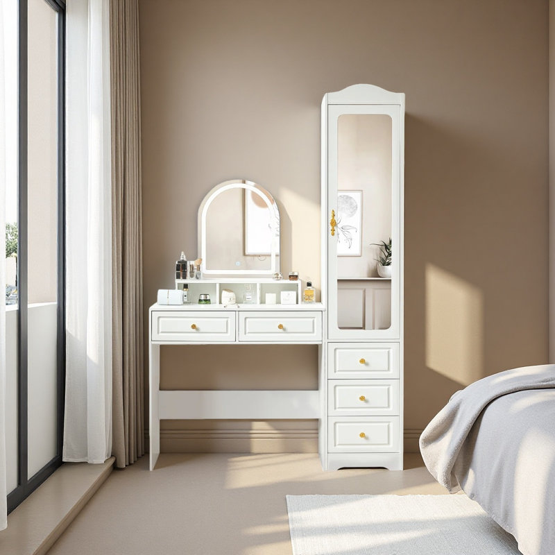 Vanity Desk & Right Armoire Wardrobe Cabinet With 5 Drawers & 3 Color And Lighting Brightness Adjustable, Dressing Table Set With Mirror And Lights ,white