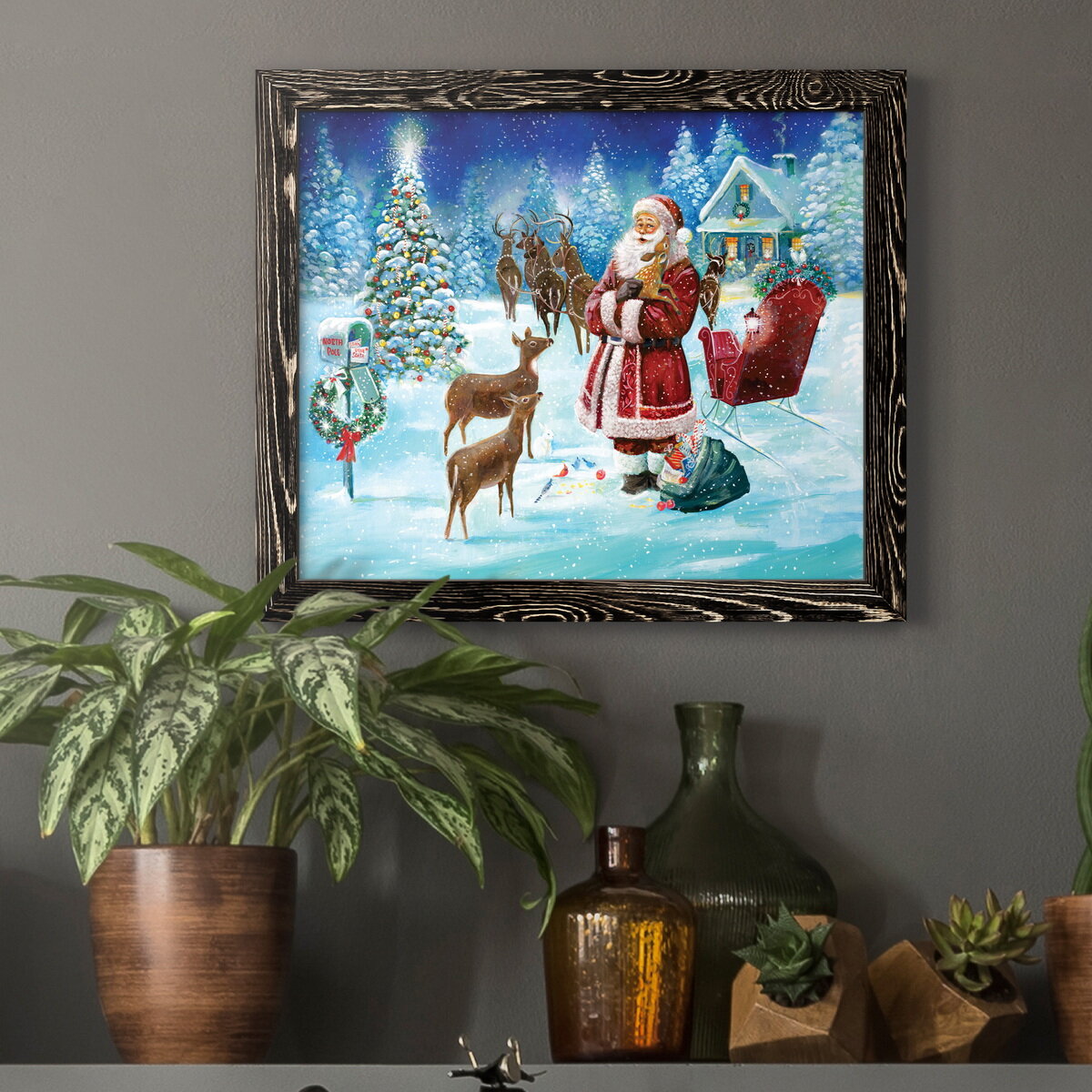 vintage canvas print, old style santa and reindeer canvas wall art framed  11x14