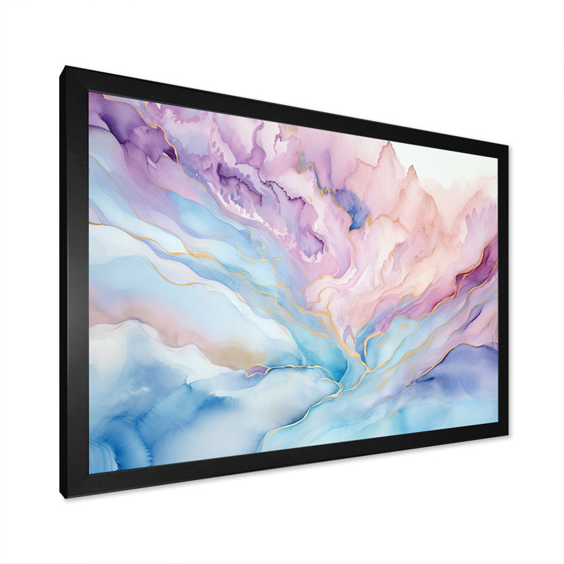 Rose et bleu, lever de soleil sur glacier - formes abstraites, art mural, Cadre simple noir, H 16 po x l 32 po x P 1 po