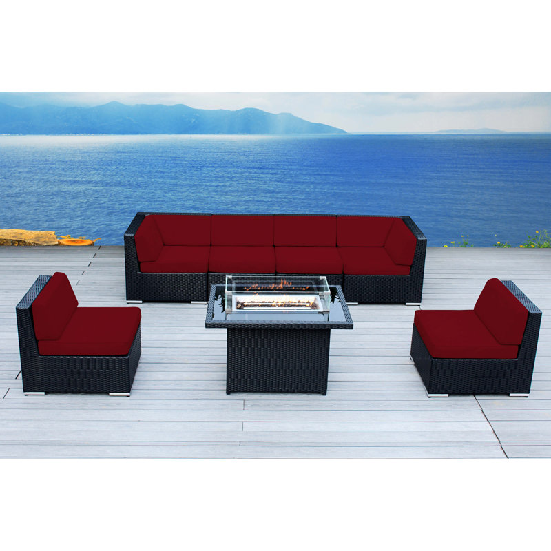 OceanCity 6 - Person Outdoor Seating Group with No Assembly Sectional and Fire Table, Sunbrella Red