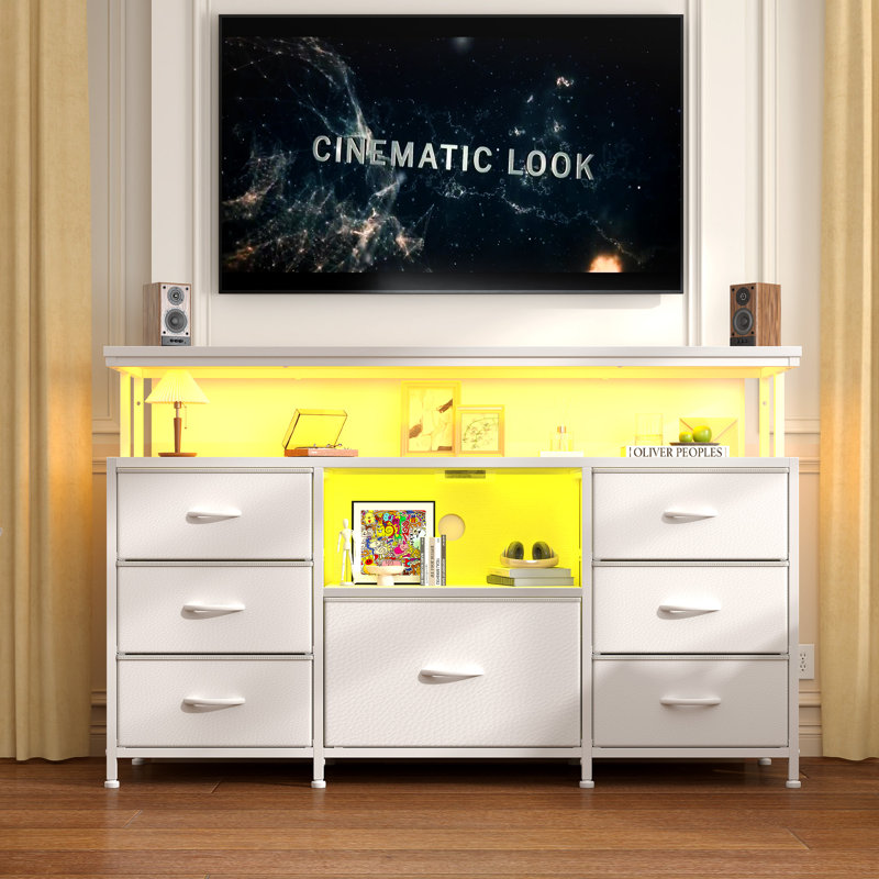 43.5" Dresser Tv Stand For 55" Tvs With Led Lighting, Built-in Power Outlet, Storage Shelves & 7 Fabric Drawers, White