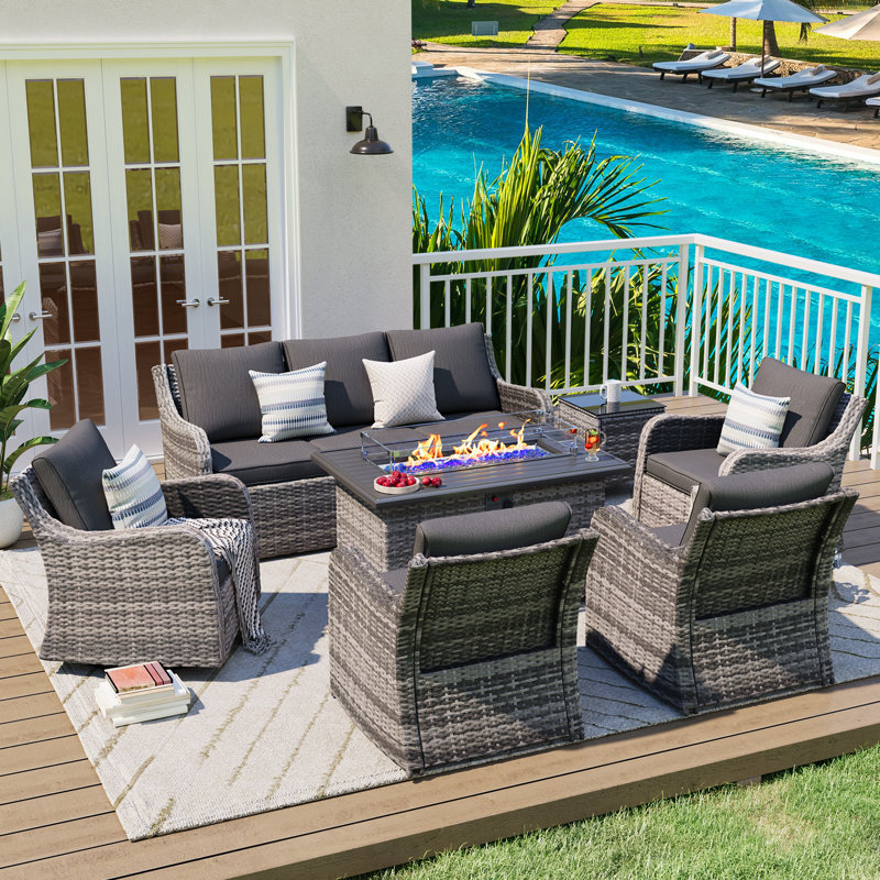  7 Pieces Patio Furniture Set With 43" Fire Pit Table, Wicker Patio Conversation Set With Swivel Rocking Chairs, Outdoor Patio Set For Lawn Backyard Porch (Brown)