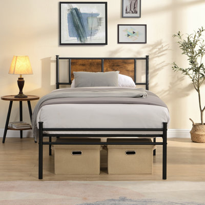 Cadre de lit simple TG, tête de lit avec décoration en bois, noir