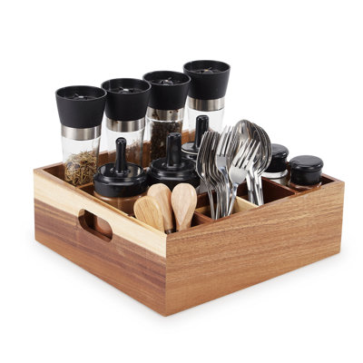 Acacia Wood Flatware Caddy with Handles, Multi-Compartment Divided Utensil Holder Organizer for Kitchen Counter, Buffet, Picnic & Dining Table - Natural Wood Color