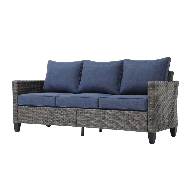 Wicker Outdoor Patio Sofa with Cushions, Gray Frame/Navy Cushion