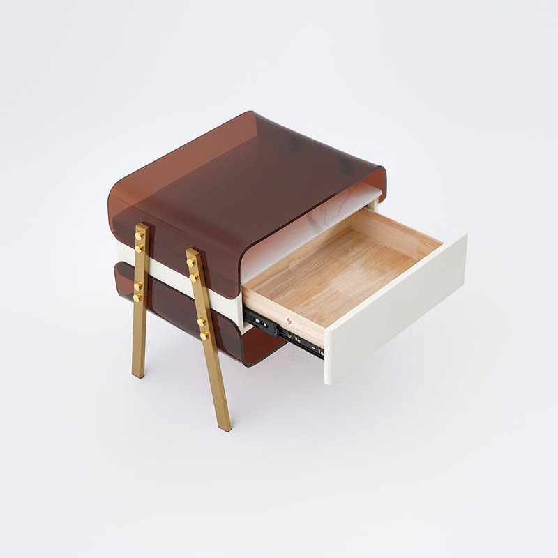 Modern Lighted Brown Nightstand With Wireless Charging Station Acrylic Bedside Table