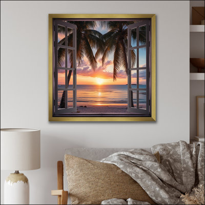 Coucher de soleil sur l'océan tropical à travers une fenêtre blanche ouverte I - art encadré côtier