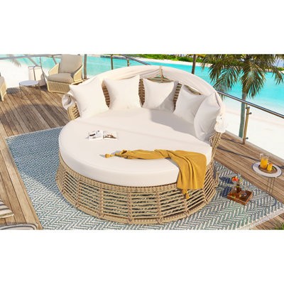 Lit de jour d'extérieur rond avec auvent rétractable, meubles confortables et de bord de piscine, beige, coussins amovibles 5 coussins, conception à rabat pour coussins de patio de loisirs, coussins pour tous les temps, multiples utilisations