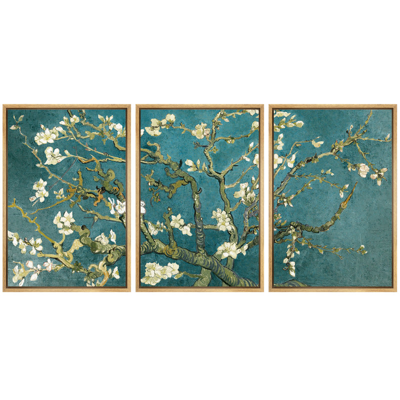 «Amandier en fleurs» par Vincent van Gogh, Cadre naturel, Bleu pétrole, H 24 po x l 48 po x P 1,5 po