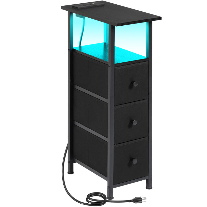Table de bout Skinny avec 3 tiroirs en tissu, lumière DEL, station de charge pour la chambre à coucher, petits espaces