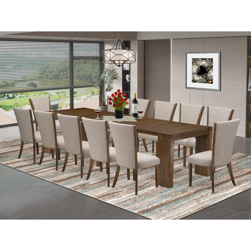 L'ensemble de salle à manger moderne 13 pièces contient une table rectangulaire extensible et 12 chaises de salle à manger, noyer antique