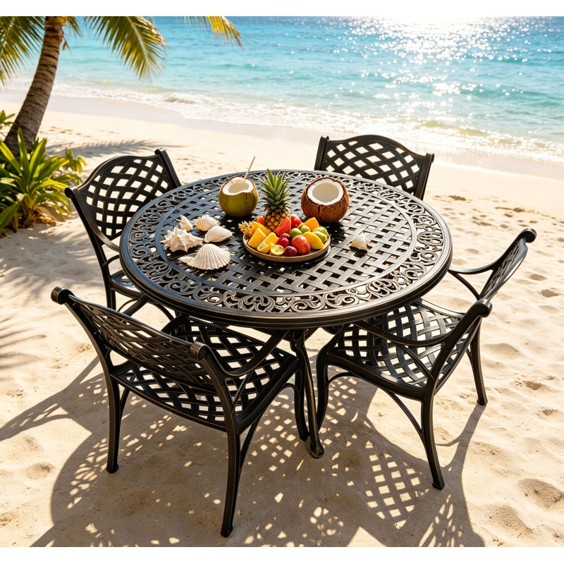 Ensemble de salle à manger de patio 5 pièces, ensemble de salle à manger d'extérieur, table d'extérieur avec 4 chaises, ensemble de table d'extérieur avec trou pour parasol 2,36 "pour jardin, cour arrière, bronze