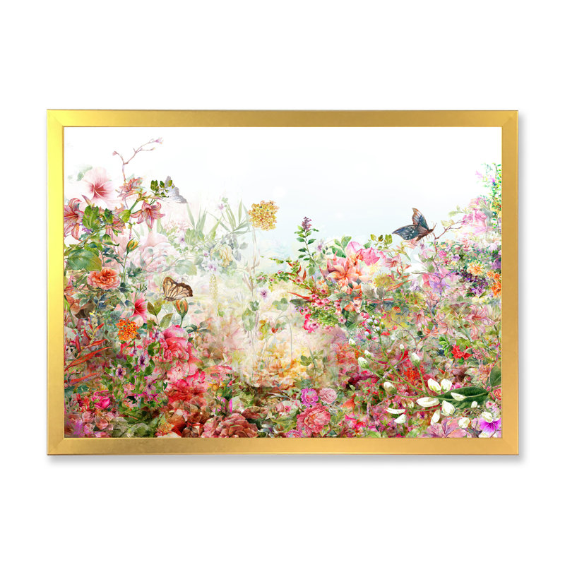Rétro fleurs multicolores printanières VI - reproduction encadrée sur toile, Cadre doré, H 24 po x l 36 po x P 1 po